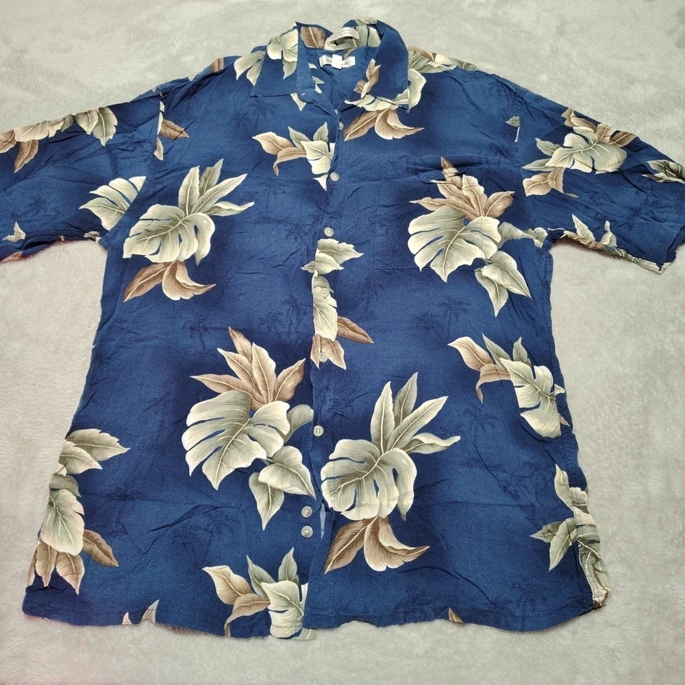 Pierre Cardin Hawaiian Shirt Men L Navy Floral Island Tropical Vacation Light